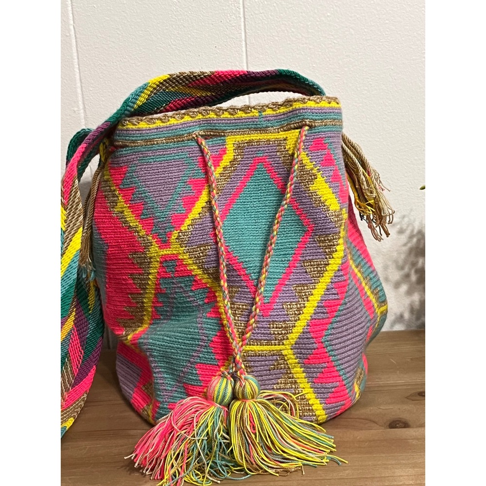 Handmade Woven Crochet Bag Multi‎ Color Diamond Pattern Tassels Shoulder Bag